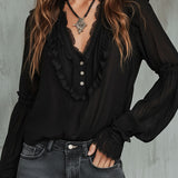 Blusa Vintage Preta de Folhos com Mangas Compridas e Renda