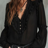 Blusa Vintage Preta de Folhos com Mangas Compridas e Renda