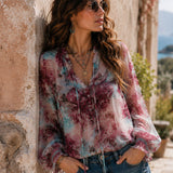 Blusa Boho com Estampado Floral, Laço de Borlas e Punhos Franzidos, Manga Comprida