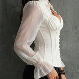 Blusa Corselete Retro Romântica com Mangas Transparentes e Gola de Folhos