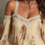 Blusa Boho Vintage Creme Floral em Renda com Ombros à Mostra