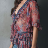 Blusa Boho Romântica de Decote em V com Folhos e Estampado Floral Semitransparente