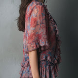 Blusa Boho Romântica de Decote em V com Folhos e Estampado Floral Semitransparente