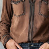 Casaco-Camisa Utilitário Castanho Lavado Vintage com Costuras Contrastantes