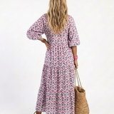MIREYA | Vestido Midi Aos Folhos com Estampado Geométrico e Manga Comprida