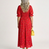 Delphine | Vestido Midi Floral com Mangas Bufantes e Decote Quadrado