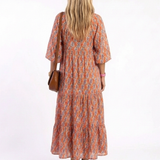 AMARA | Vestido Midi Aos Folhos com Estampado Geométrico e Decote em V