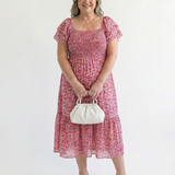 Odette | Vestido Midi Floral com Ombros à Mostra e Franzido
