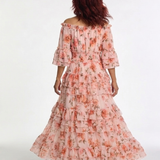 Rosalie | Vestido Maxi Floral de Ombros Descaídos com Folhos em Camadas