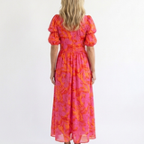 Willow | Vestido Midi Floral com Decote em V e Mangas Bufantes