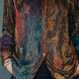 Camisa Boho em Veludo com Estampado Floral e Manga Comprida