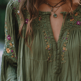 Camisa de Algodão Verde-Oliva com Bordado Floral Boho