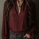 Blusa Boho Decote em V Bordô com Punhos de Renda