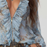 Blusa de Chiffon com Folhos e Fecho de Correr Frontal em Estampado Azul Sereno