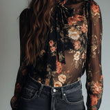 Blusa Vintage Preta de Chiffon Transparente Floral com Laço no Decote