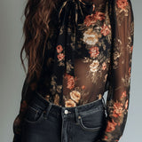 Blusa Vintage Preta de Chiffon Transparente Floral com Laço no Decote