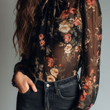 Blusa Vintage Preta de Chiffon Transparente Floral com Laço no Decote