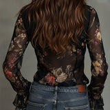 Blusa de Chiffon Estampada de Estilo Vintage com Folhos