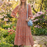 AMARA | Vestido Midi Aos Folhos com Estampado Geométrico e Decote em V