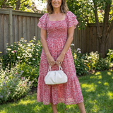 Odette | Vestido Midi Floral com Ombros à Mostra e Franzido