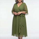 Elysia | Vestido Midi com Decote em V, Drapeado e Cinto de Amarrar
