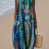 Sabrina | Vestido Midi de Praia Sem Mangas com Estampado Artístico