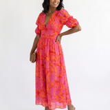 Willow | Vestido Midi Floral com Decote em V e Mangas Bufantes