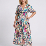 Eulalie | Vestido Midi com Decote em V, Manga Curta e Cintura Franzida