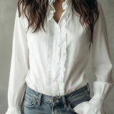 Camisa Elegante de Folhos com Botões e Mangas Compridas de Punho Evasê