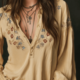 Camisa de Algodão Casual Amarela com Bordado Floral