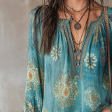 Blusa Vintage de Estilo Étnico com Debruns em Renda Floral