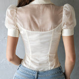 Blusa Retro de Cetim com Mangas Curtas Balonê