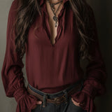 Blusa Boho Decote em V Bordô com Punhos de Renda