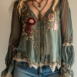 Camisa Boho Vintage Verde Bordada