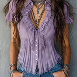 Blusa Boho Vintage Lilás Plissada com Folhos e Renda