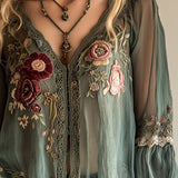 Camisa Boho Vintage Verde Bordada