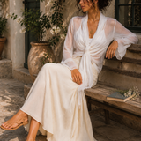 Blusa Transparente de Chiffon Amarrotado com Cruzado à Frente e Laço, Manga Comprida, com Camisole