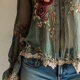 Camisa Boho Vintage Verde Bordada