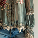 Camisa Boho Vintage Verde Bordada