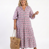 MIREYA | Vestido Midi Aos Folhos com Estampado Geométrico e Manga Comprida