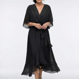 Elysia | Vestido Midi com Decote em V, Drapeado e Cinto de Amarrar