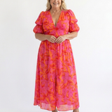 Willow | Vestido Midi Floral com Decote em V e Mangas Bufantes