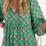 FIORA | Vestido Midi Estampado Floral com Decote em V e Camadas