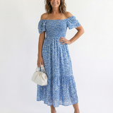 Odette | Vestido Midi Floral com Ombros à Mostra e Franzido