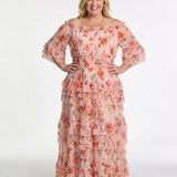Rosalie | Vestido Maxi Floral de Ombros Descaídos com Folhos em Camadas