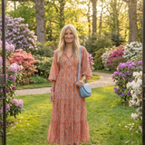 AMARA | Vestido Midi Aos Folhos com Estampado Geométrico e Decote em V