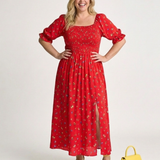 Delphine | Vestido Midi Floral com Mangas Bufantes e Decote Quadrado