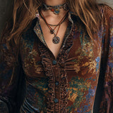 Blusa Boho Chique em Veludo com Estampado Floral e Debrum de Folho