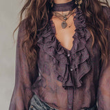 Blusa de Chiffon Vintage com Estampado Paisley e Colarinho de Folhos
