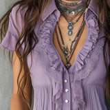 Blusa Boho Vintage Lilás Plissada com Folhos e Renda